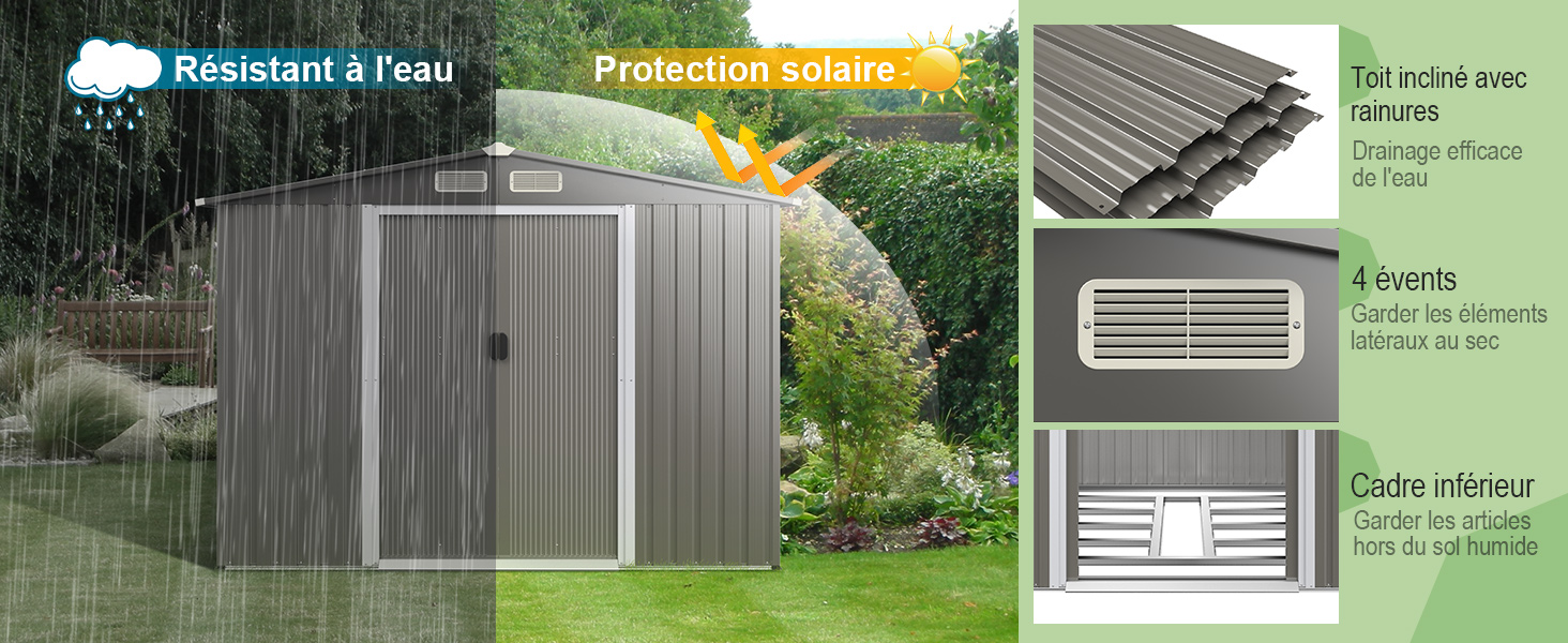 avec caractéristiques : résistant à l'eau, protection solaire, toit incliné avec gouttières et ventilation. Les images montrent un cabanon dans le jardin et un gros plan du toit