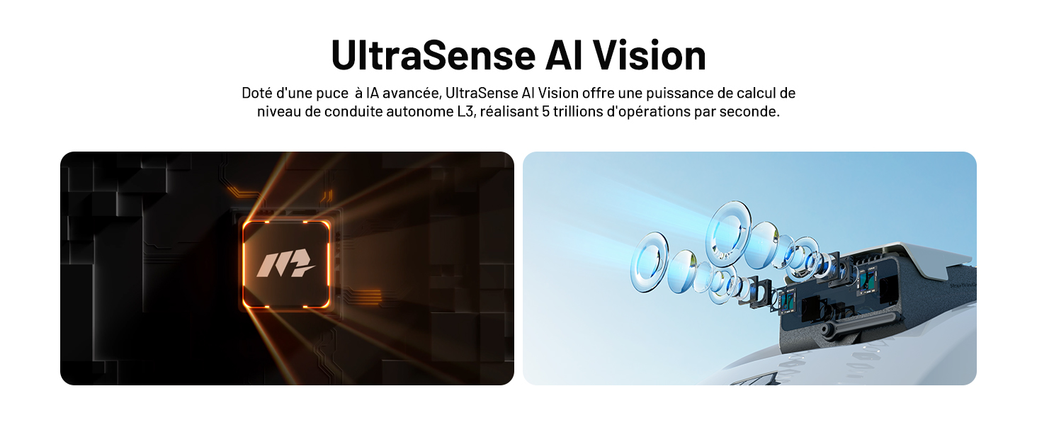 Image fractionnée présentant la technologie de vision IA. Le panneau de gauche montre le logo « m2 » brillant dans un tunnel sombre. Le panneau de droite affiche des éléments d'objectif transparents flottant au-dessus d'un module de caméra sur un fond de ciel bleu.