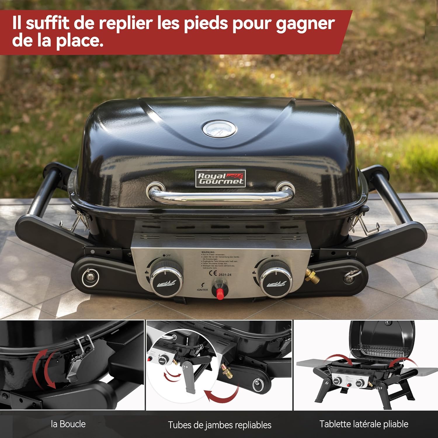 Royal Gourmet - Barbecue Gaz 2 brûleurs - 48x37 cm - tables pliables, 5kW