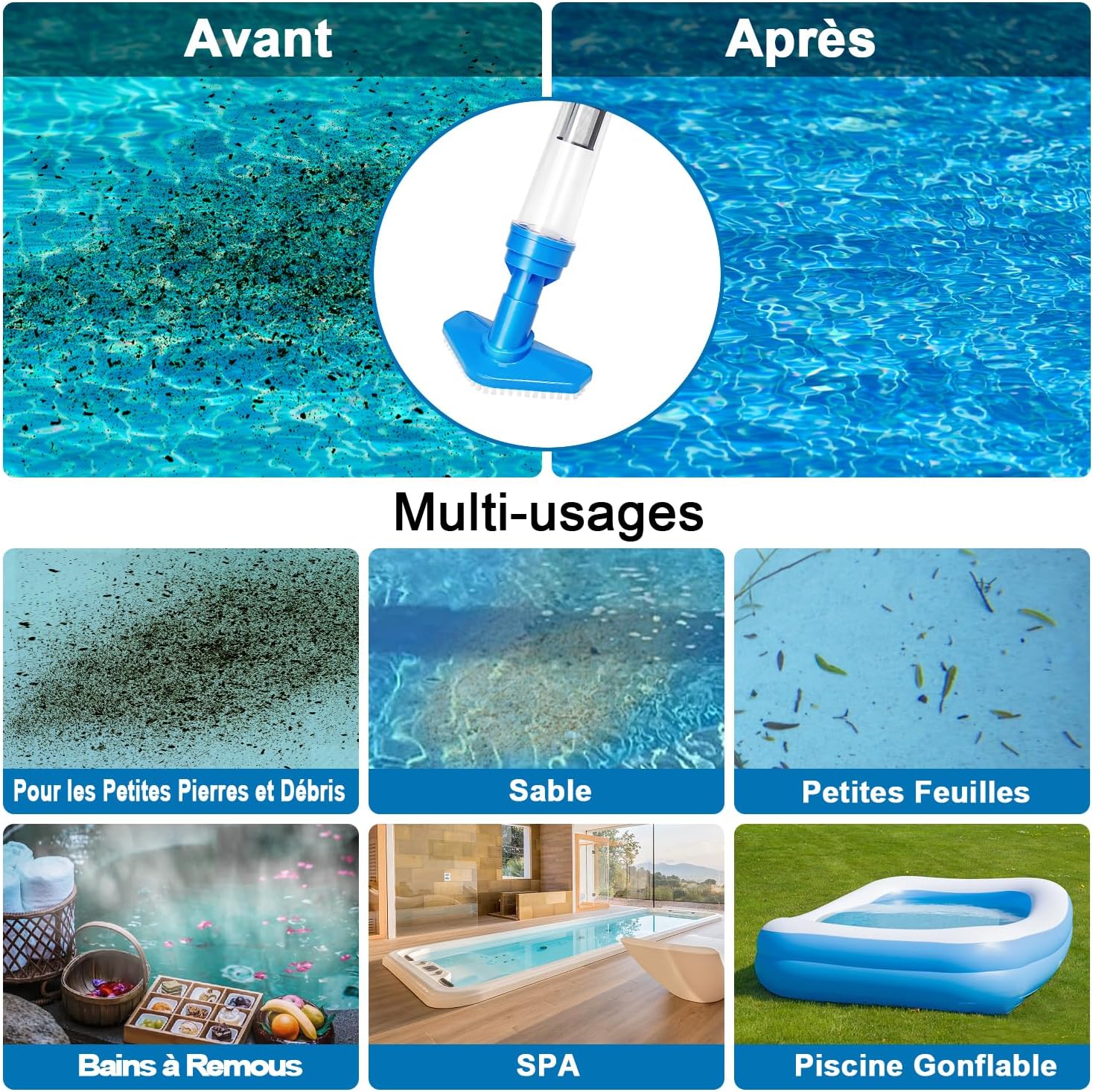 Aspirateur de piscine - sans fil, 90min autonomie, rechargeable, bleu