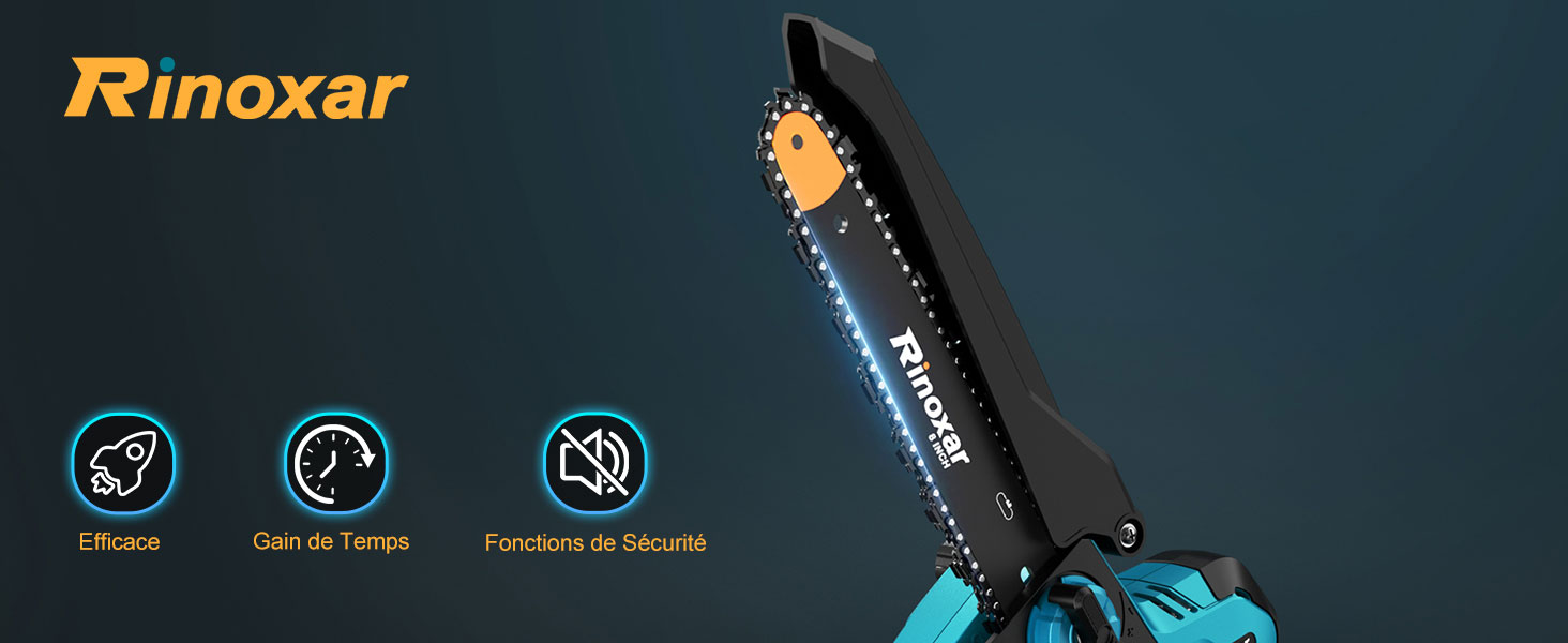 de marque Rinoxar au design noir et bleu, avec trois icônes de caractéristiques affichées ci-dessous indiquant les fonctions silencieuses, permettant de gagner du temps