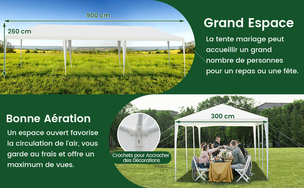 d'une grande tente extérieure à baldaquin. Affiche des dimensions de 300 x 300 cm, mettant en évidence un espace spacieux et