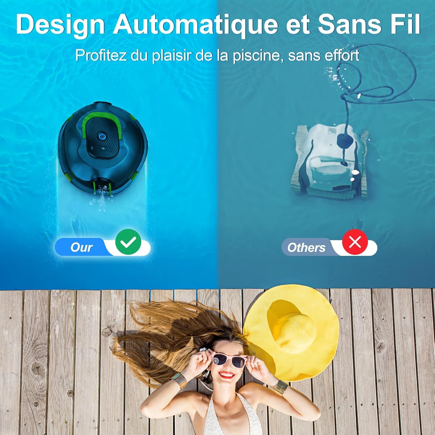 MEDOXA - Robot piscine sans fil - 120min autonomie, 110㎡, léger, puissant