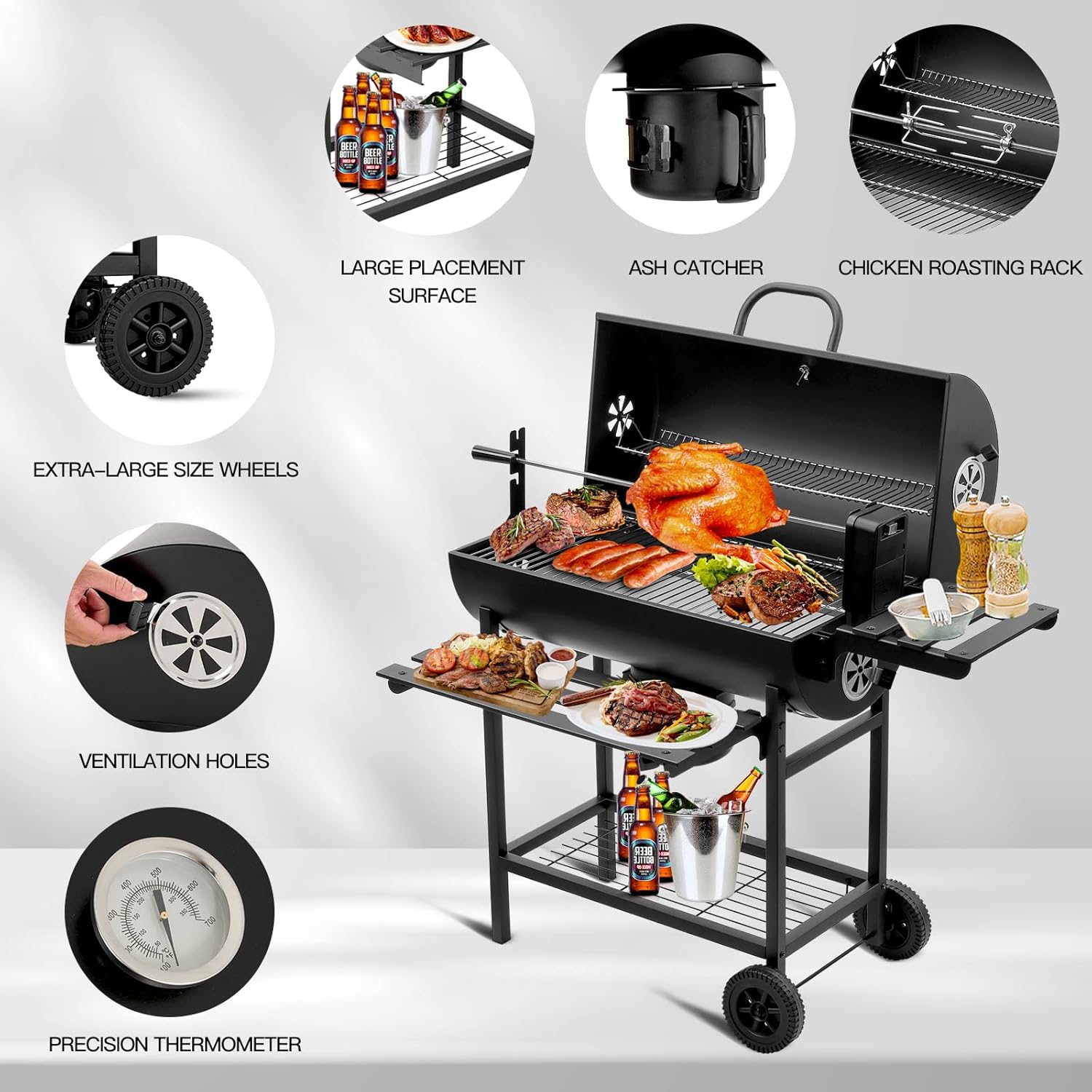 DEWINNER - Grill XXL - acier carbone, couvercle, thermomètre, rôtissoire
