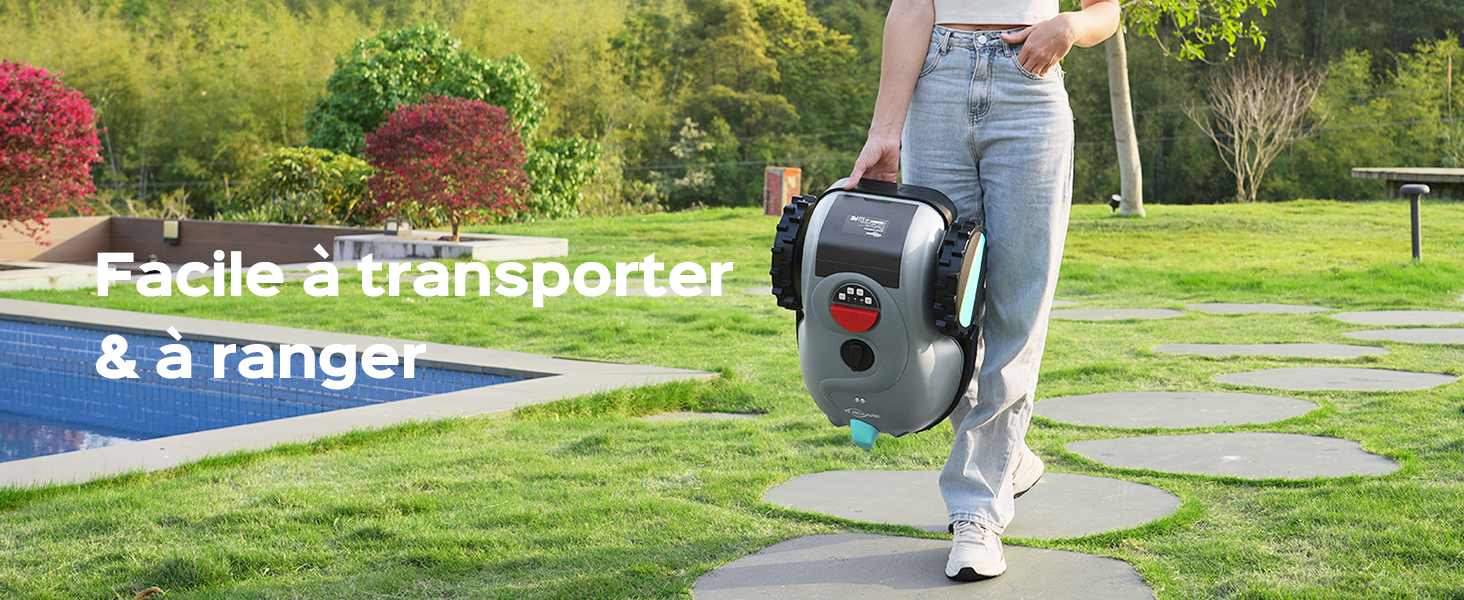 Le texte indique « Facile à transporter & à ranger ». Scène extérieure montrant de l'équipement portatif transporté et utilisé sur une zone gazonnée.