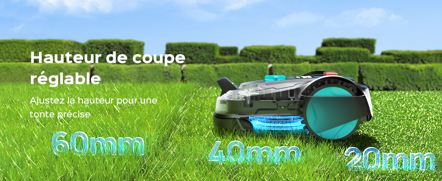 Le texte indique « Hauteur de coupe » et « 40 mm ». Démonstration du réglage de la hauteur de la tondeuse à gazon montrant différentes longueurs de coupe sur du gazon vert.