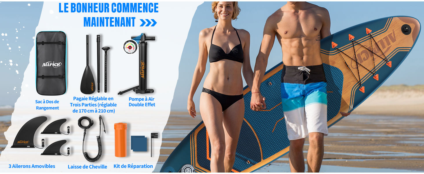 présenté avec une scène de plage. Comprend divers outils, des palmes et un étui de transport pour l'entretien et la personnalisation de la planche de surf