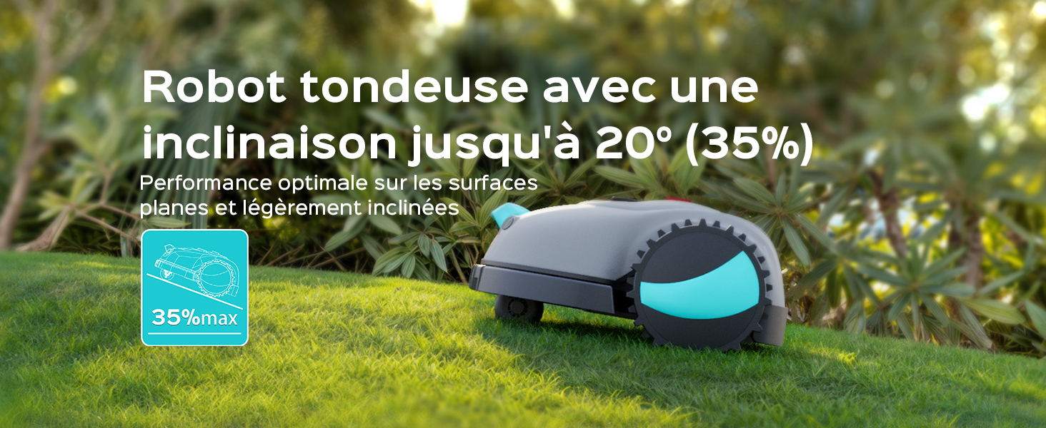 sur gazon, avec accent bleu sarcelle. Le texte indique une capacité d'inclinaison de 35 %. L'icône montre une pente de 35 %. Appareil conçu pour les surfaces légèrement inclinées.