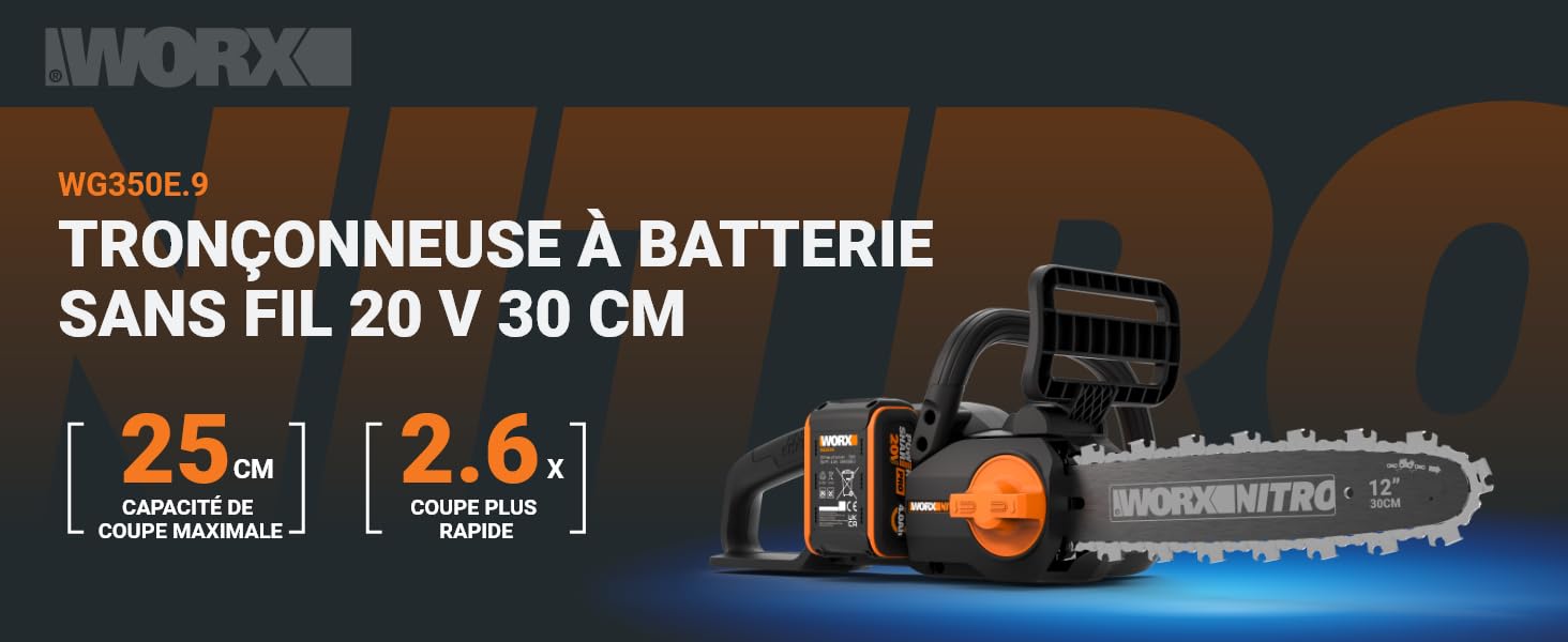 Le texte indique « TRONCONNEUSE À BATTERIE SANS FIL 20V 30 CM ». Schéma des caractéristiques techniques du produit indiquant les dimensions et les détails d'installation d'un outil sans fil.