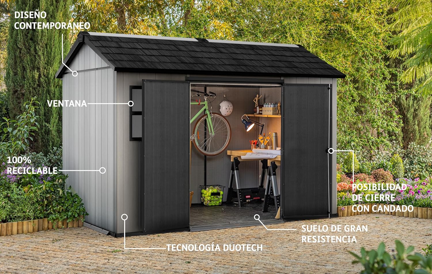 Abri Oakland - 7,2m² - Résine gris, double porte