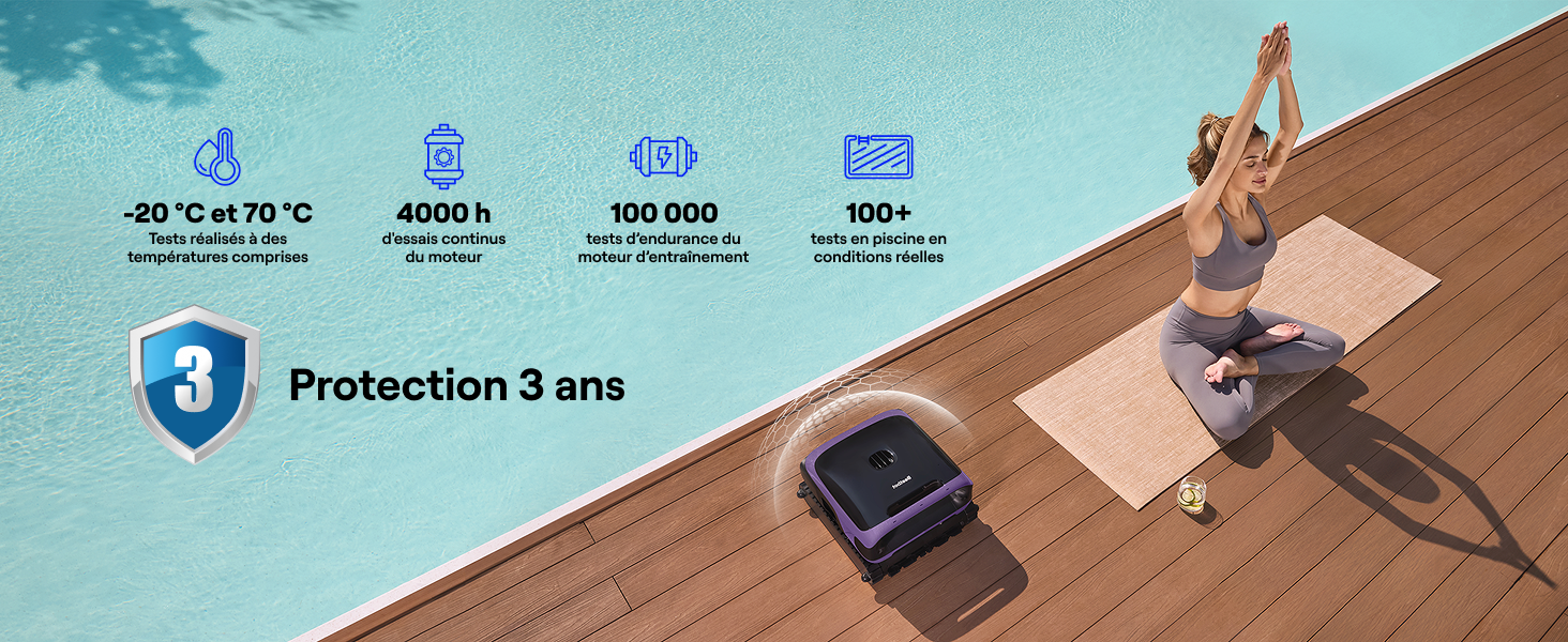 Publicité du plan de protection teintée en bleu montrant l'icône du bouclier de garantie de 3 ans avec des icônes de service supplémentaires sur fond de surface en bois.