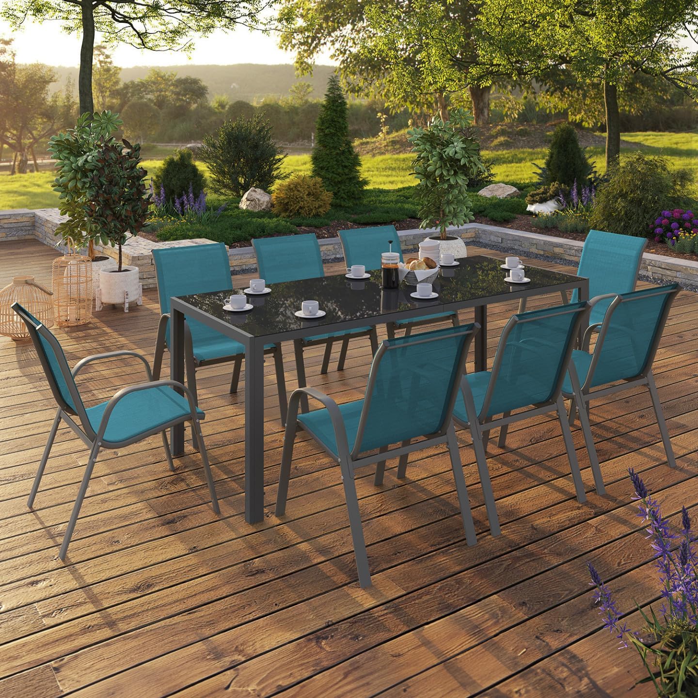 IDMarket - Madrid salon jardin 190cm, 8 chaises empilables bleu