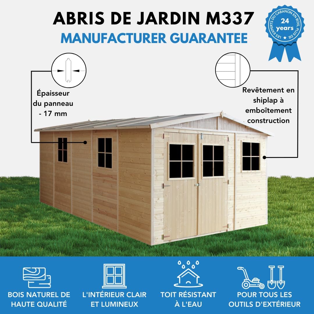 Abri de Jardin en Bois Naturel - Stockage extérieur avec fenêtres- H226x324x516 cm/15 m² Hangar en Bois Naturel - Atelier Rangement Outils et vélos- TIMBELA M337