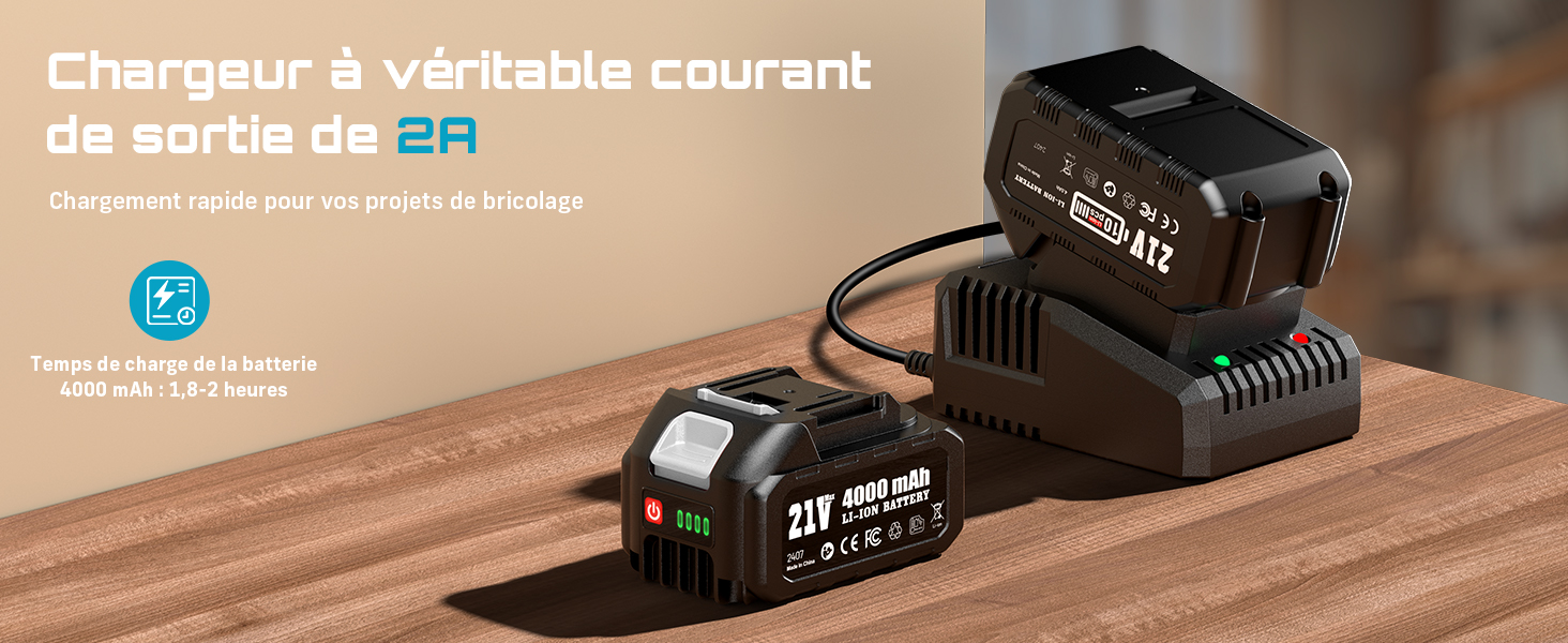 Le texte se lit comme suit : « Chargeur à courant variable de sortie CR ». Plans de produits montrant un dispositif de recharge électronique noir vu sous plusieurs angles sur une surface en bois.