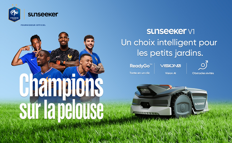 Le texte indique « sunseeker », « sunseeker V1 », « Un choix intelligent pour les petits jardins », « Résolution », « Vertical » et « Champions sur la pelouse ». Publicité mettant en vedette des athlètes sur la pelouse avec des images de produits et une marque bleue.