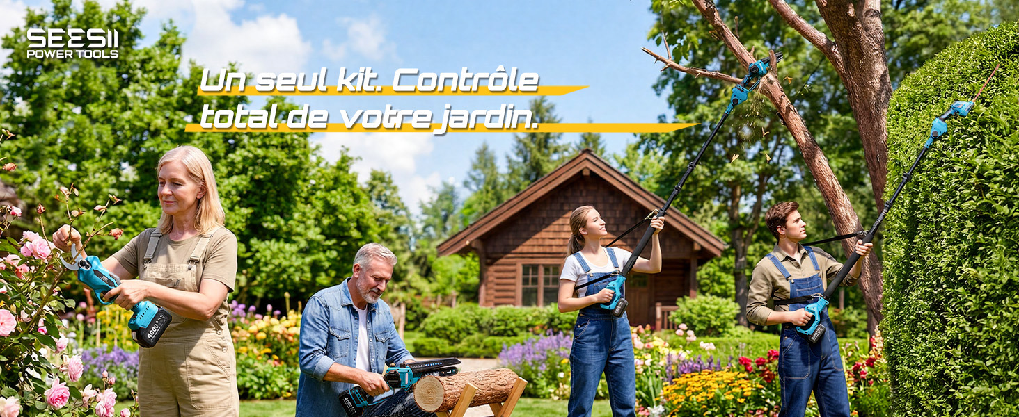 Le texte indique « Mit den Gardena smart System-Produkten » et « Einfach mehr Kontrolle ». L'image montre une famille à l'extérieur avec des outils de jardinage près d'un abri en bois au feuillage vert et au ciel bleu.