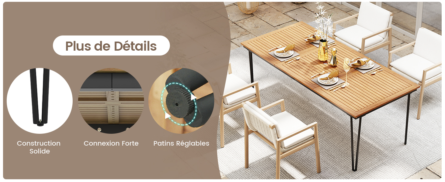 Le texte se lit comme suit : « Plus de détails ». Série d'images montrant des surfaces de bureau en bois avec des cadres métalliques dans un environnement de bureau. Montre différents angles d'un même meuble.