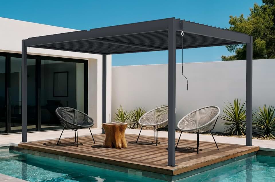Cazeboo - Piana - 3x4m - Pergola bioclimatique alu gris, persienne brise-vue