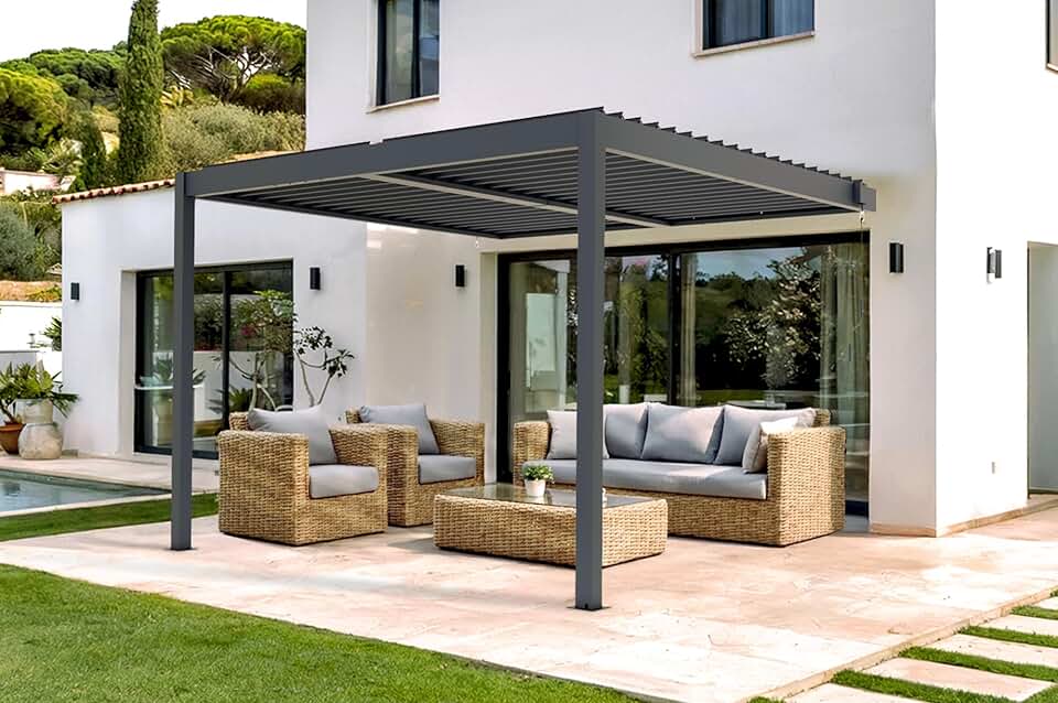 Cazeboo - Piana série - 3x3m adossée bioclimatique alu gris - persienne brise-vue