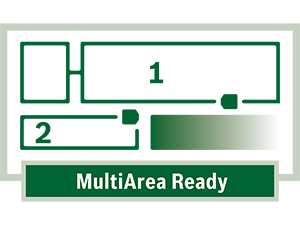 Le texte indique « MultiArea Ready ». Schéma montrant les contours verts des zones numérotées ou des zones avec des lignes de connexion.