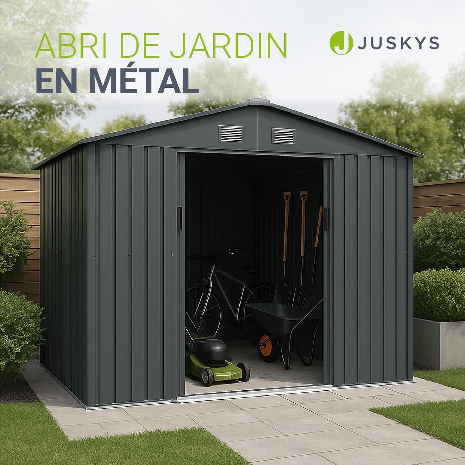 Abri métallique XL - spacieux, porte coulissante, cadre fondation