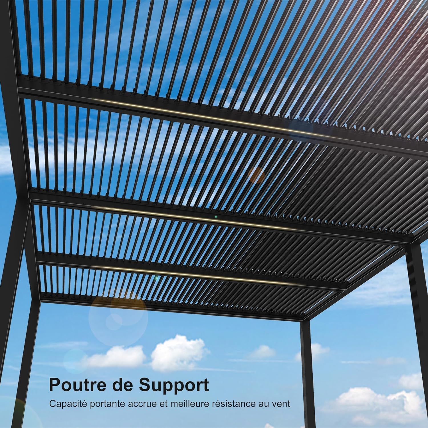 PURPLE LEAF - Pergola bioclimatique 6x3,68m alu, lames orientables, persienne fixe