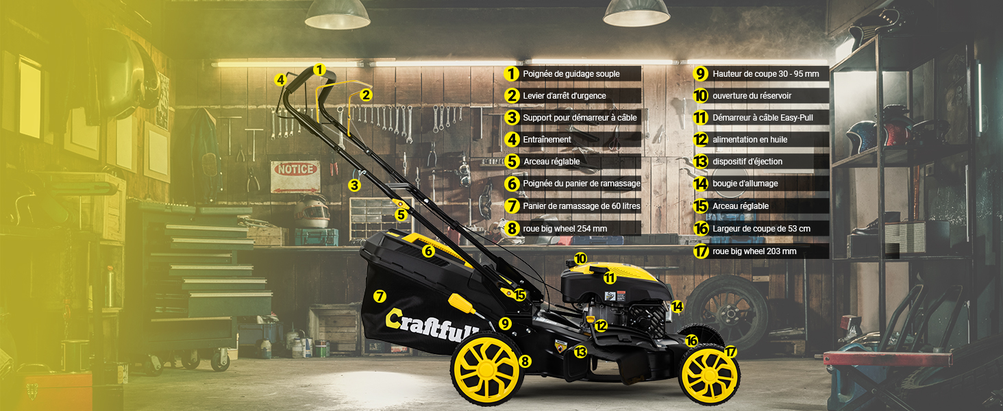 Trottinette ou moto motorisée jaune et noire avec spécifications techniques affichées dans une mise en page de style infographique.