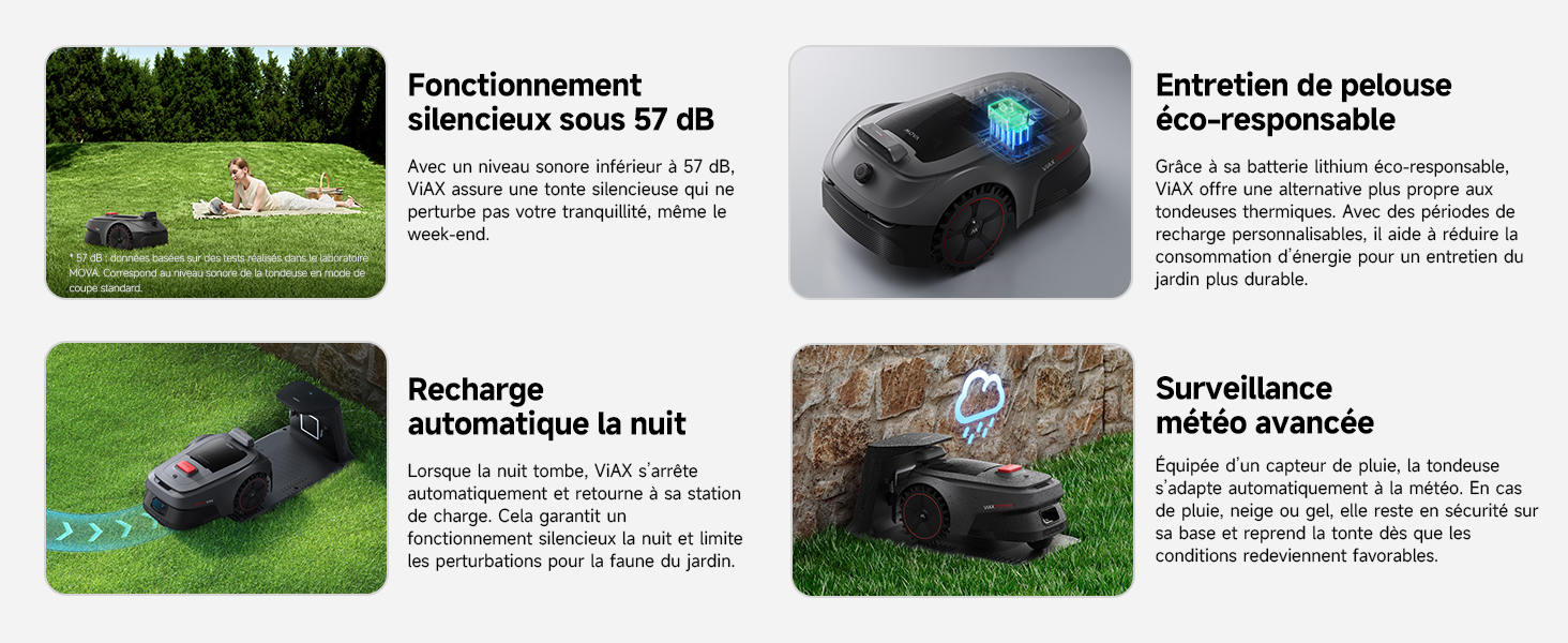 Schéma d'instructions ou page de manuel présentant un équipement d'entretien de pelouse ou une tondeuse robotisée avec plusieurs panneaux contenant du texte et des illustrations démontrant l'utilisation ou la configuration.