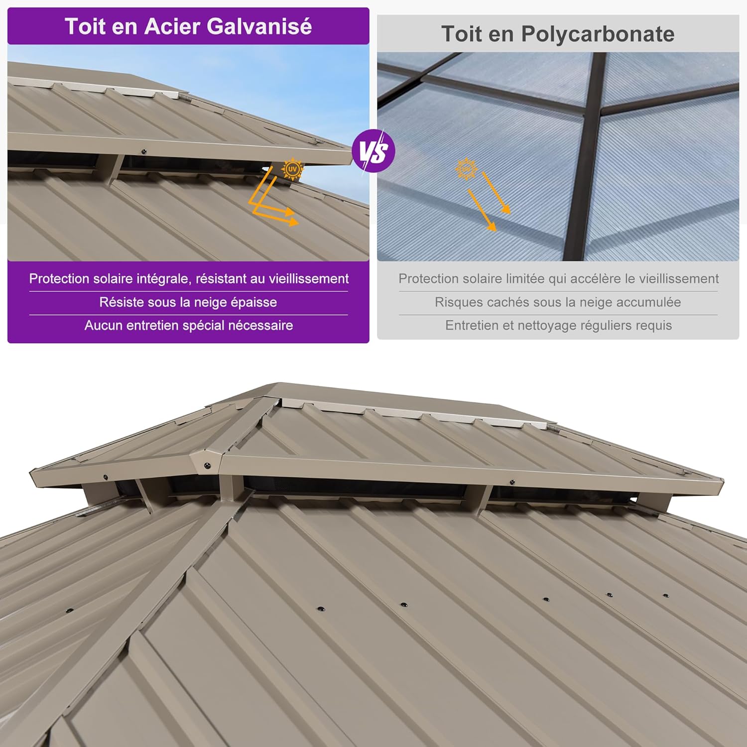 PURPLE LEAF - Pergola série Champagne - 6 x 3,65 m - aluminium, toit acier, moustiquaire et rideaux