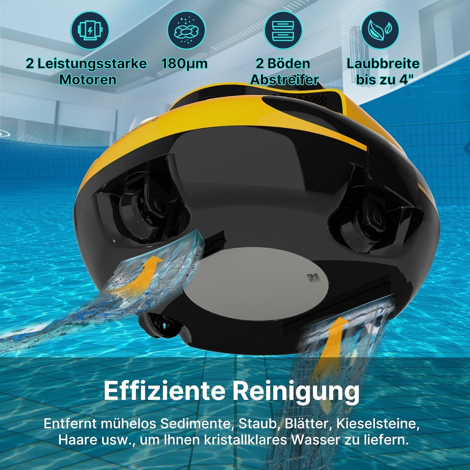 POOLPURE - Aspirateur piscine 90㎡ - 5000mAh, double moteur, LED, IPX8