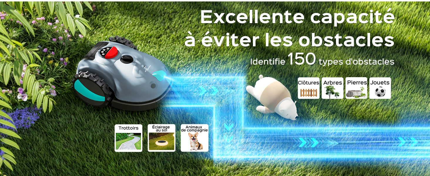 sur gazon avec représentation visuelle de la détection d'obstacles. Les icônes indiquent qu'il identifie 150 types d'obstacles, notamment des câbles, des animaux et des plantes.