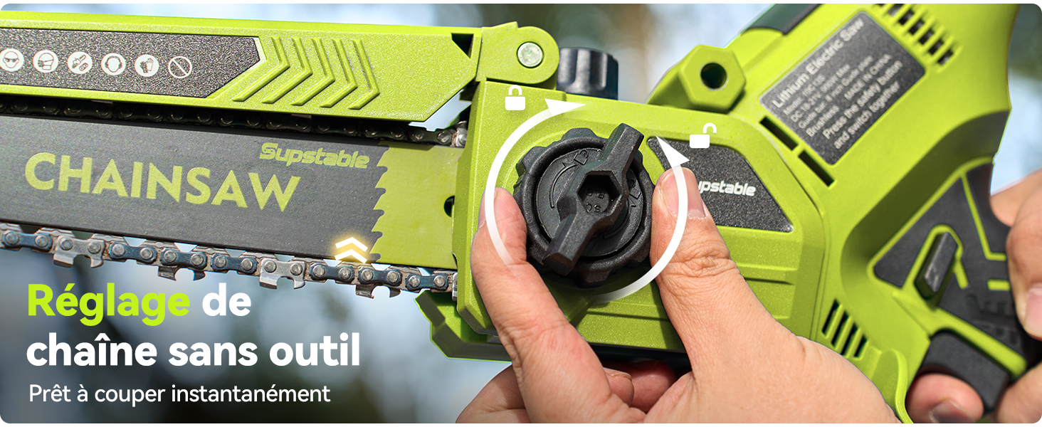 Le texte se lit comme suit : « CHAINSAW, Réglage de chaîne sans outil ». Gros plan de l'outil électrique vert vif en mettant l'accent sur le mécanisme de réglage.