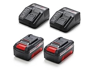 Quatre chargeurs de batterie pour outils électriques disposés en deux rangées. La rangée supérieure montre deux chargeurs noirs avec écrans LED. La rangée inférieure présente deux chargeurs dotés de boîtiers noirs et de couvercles de compartiment à piles rouges, dotés de deux emplacements de chargement.