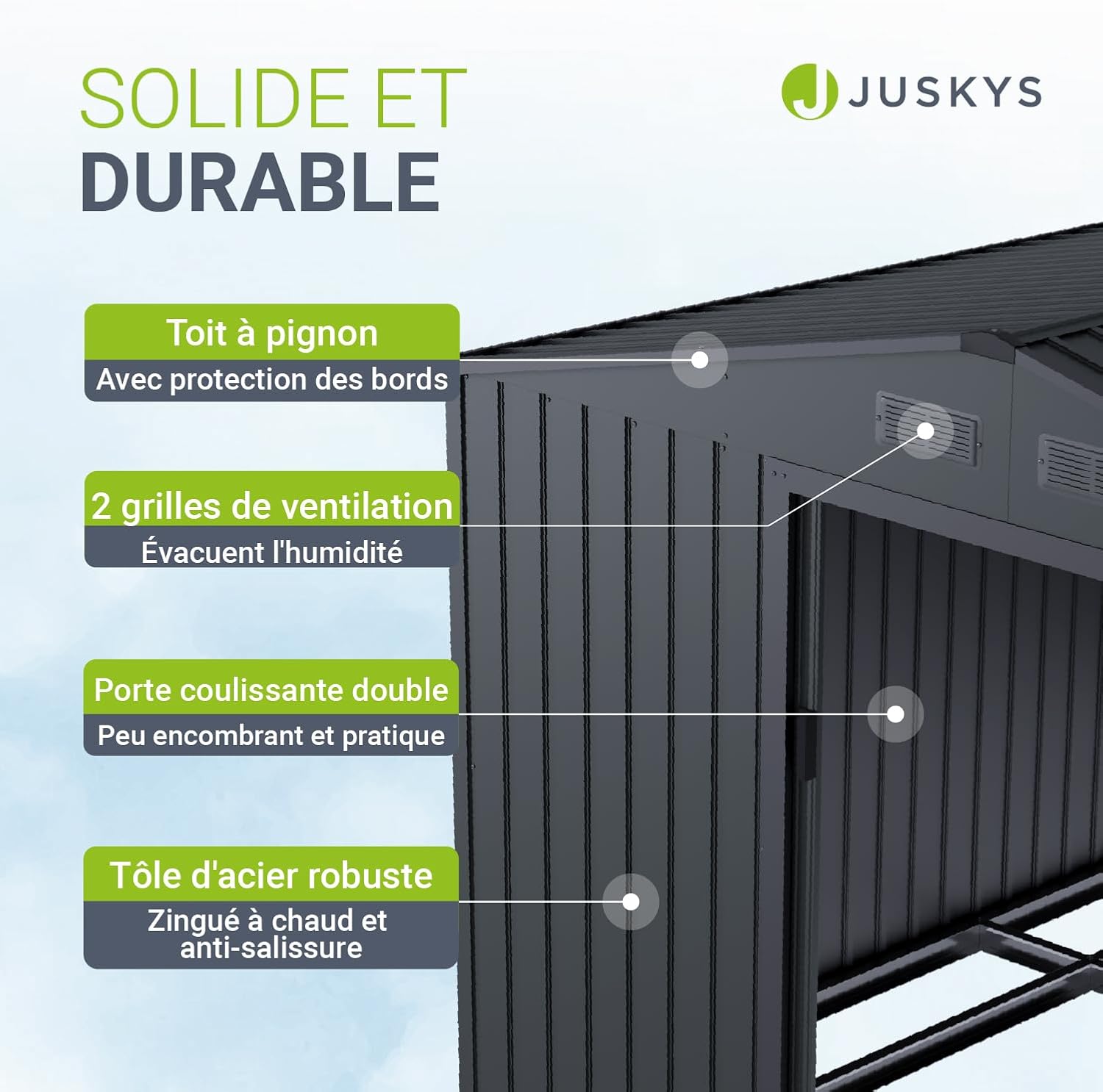 Abri métallique XL - spacieux, porte coulissante, cadre fondation