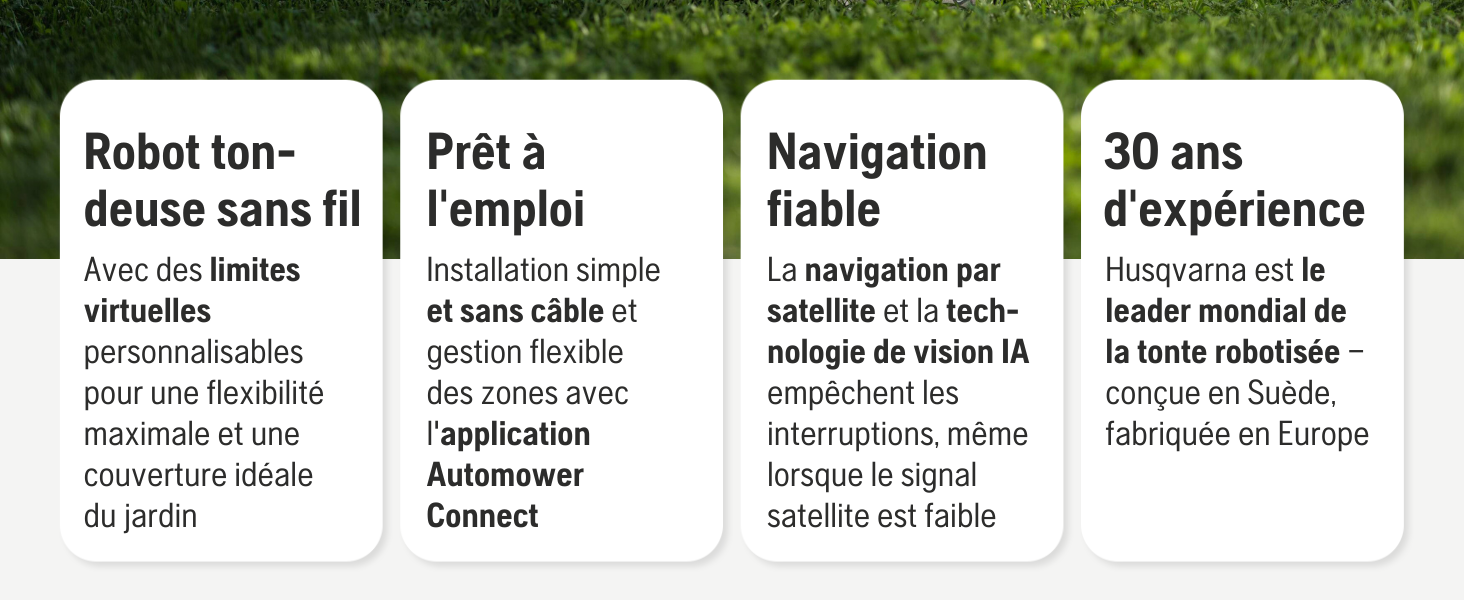 Bannière verte avec texte en français sur les fonctionnalités du robot. Le texte mentionne « Robot tondeuse », « Navigation fiable » et « 30 ans d'expérience ».