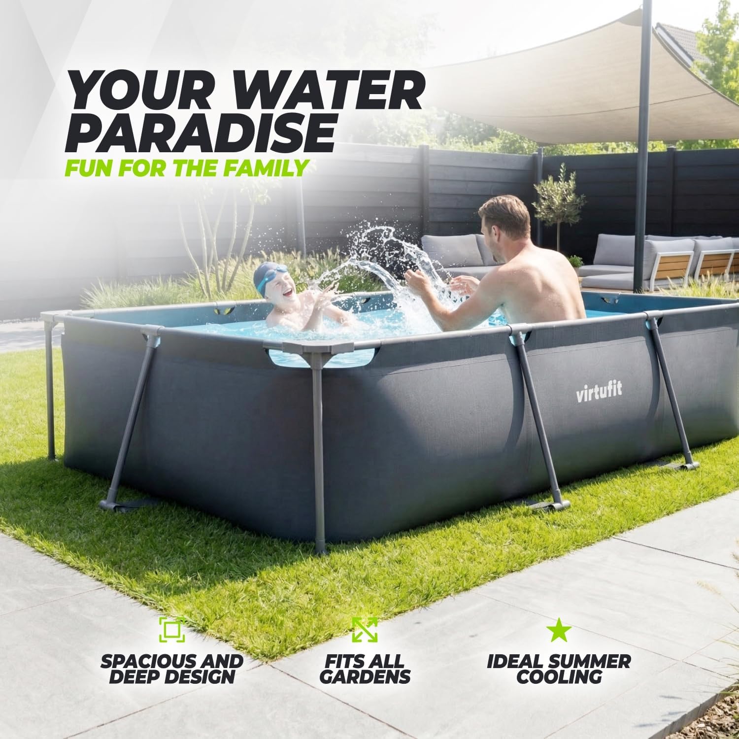 VirtuFit Piscine rectangulaire 300 x 210 x 66 cm anthracite – Compacte – Cadre stable – Idéale pour le jardin – Montage rapide