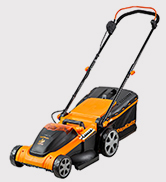 Tondeuse à gazon électrique orange et noire avec poignée et design compact.