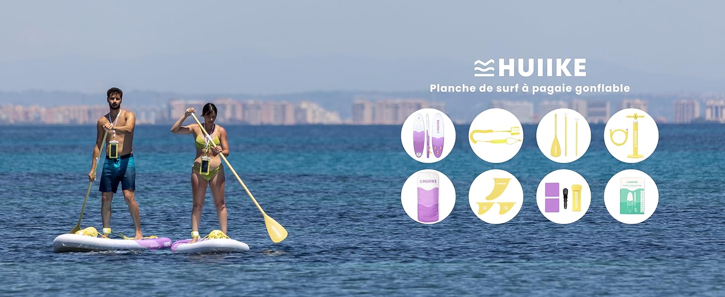 Le texte indique « Bunke ». Plusieurs personnes font du paddleboard sur une eau bleue calme, avec des icônes montrant diverses activités nautiques affichées en haut de l'image.