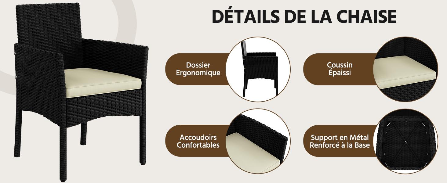 Le texte indique « DÉTAILS DE LA CHAISE ». Spécifications détaillées du produit montrant une chaise en osier noir avec des coussins crème sous plusieurs angles.