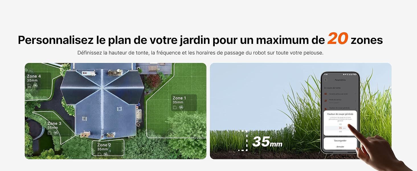 Le texte se lit comme suit : « Personnalisez le plan de votre jardin pour un maximum de 20 zones ». Série d'écrans d'interface montrant la personnalisation de l'aménagement du jardin à l'aide de fonctionnalités de cartographie numérique.