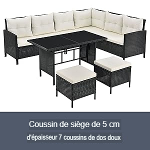 avec cadre en osier noir, coussins blancs, table en verre et deux poufs assortis