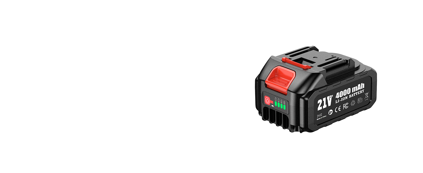 Batterie noire et rouge pour outils électriques étiquetée 21 V, dotée de voyants de charge et d'un design industriel robuste