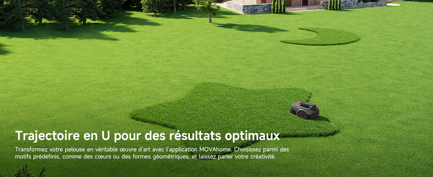 Le texte se lit comme suit : « Trajectoire en U pour des résultats optimaux ». Poursuite de la démonstration d'une tondeuse à gazon sur gazon présentant un mouvement en U.