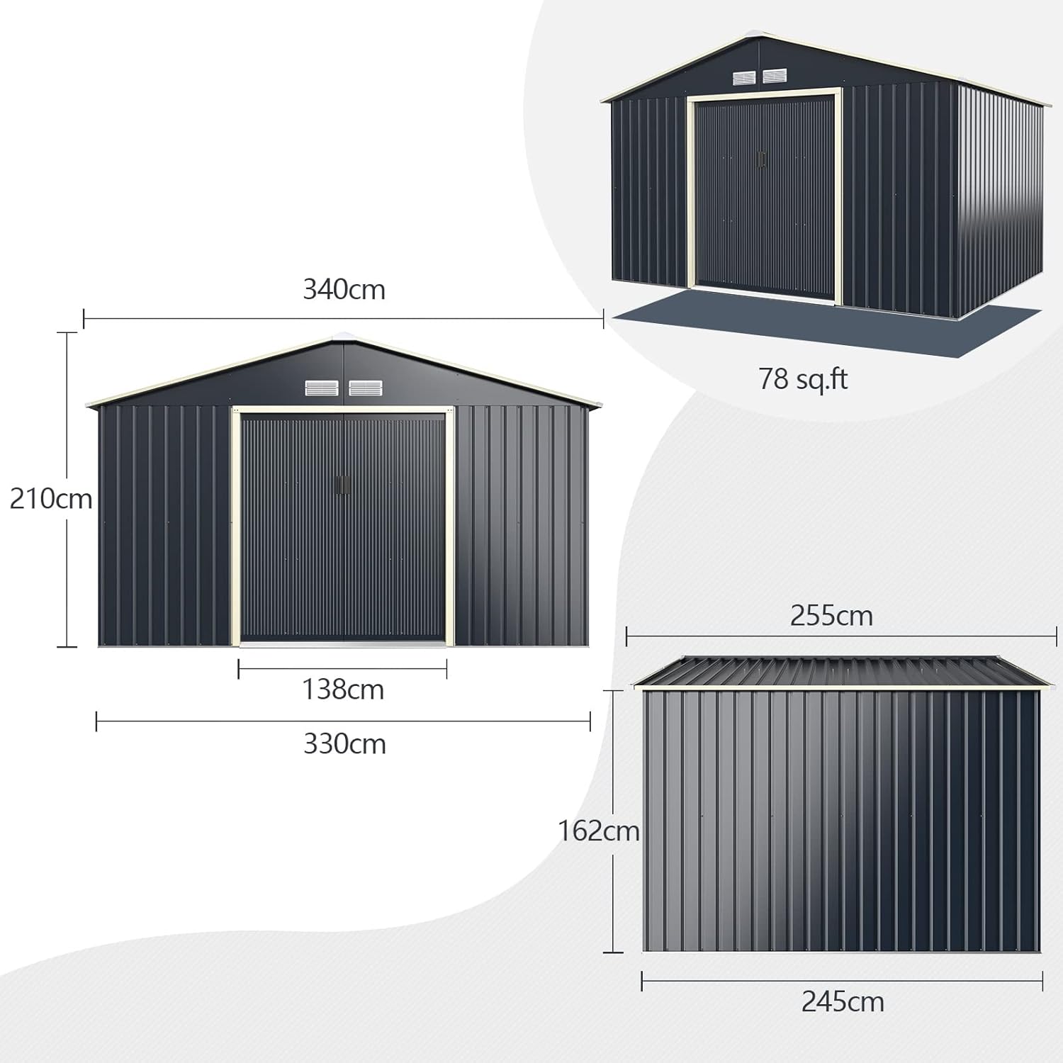 COSTWAY Abri de Jardin Métal 10㎡ 2 Portes Coulissantes Verrouillables, 4 Trous d’Aération, Toit Penché, Cabane Jardin Exterieur Gris pour Vélo, Poubelle, 340 x 319 x 210 cm