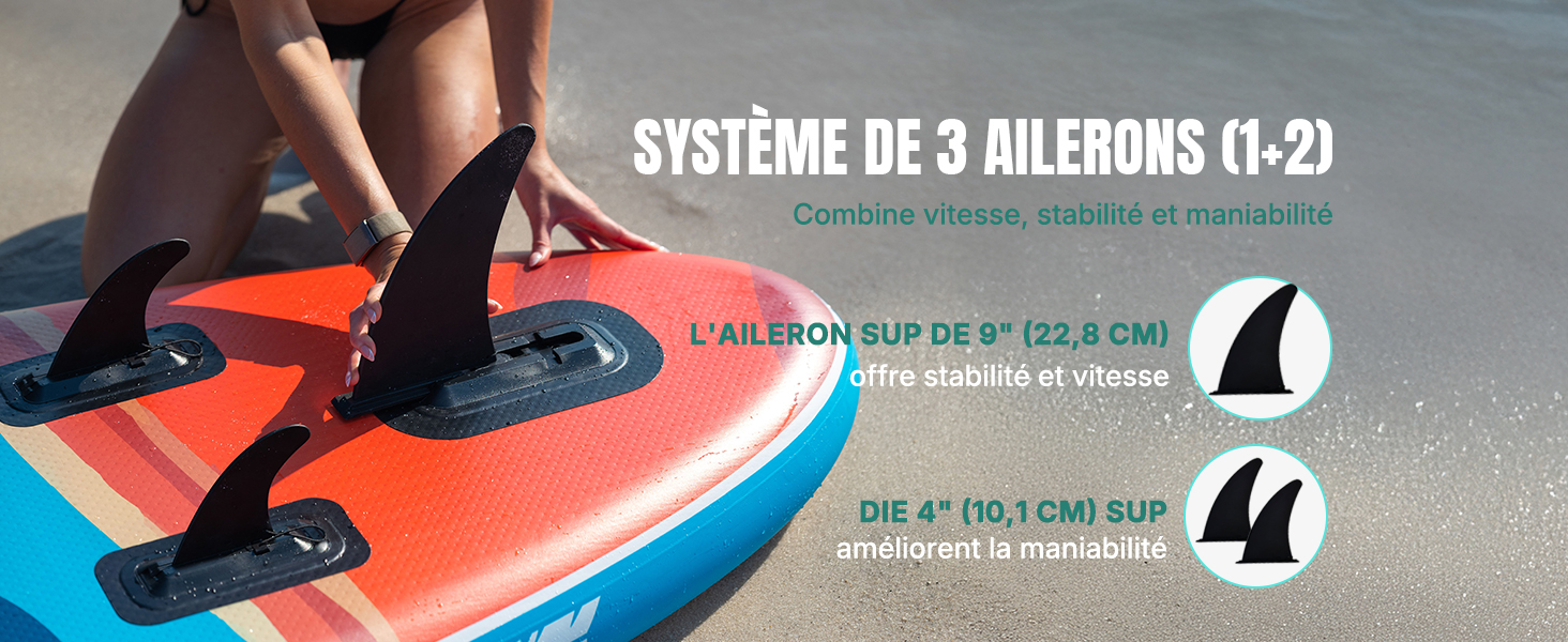 avec système à trois ailerons. Grand aileron central pour la stabilité, deux ailerons latéraux plus petits pour la maniabilité. La planche présente des couleurs orange vif et bleu sur une plage.