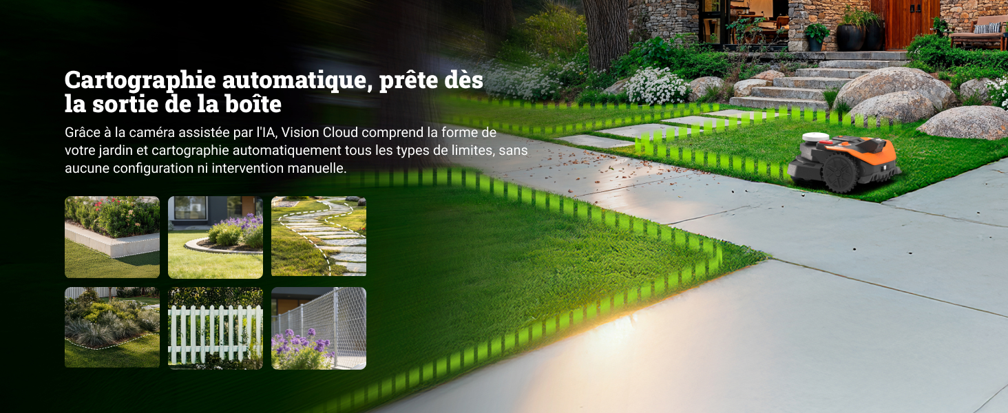 Série de scènes de jardin extérieur montrant des installations de clôtures à piquets blancs dans des pelouses vertes bien entretenues avec aménagement paysager.