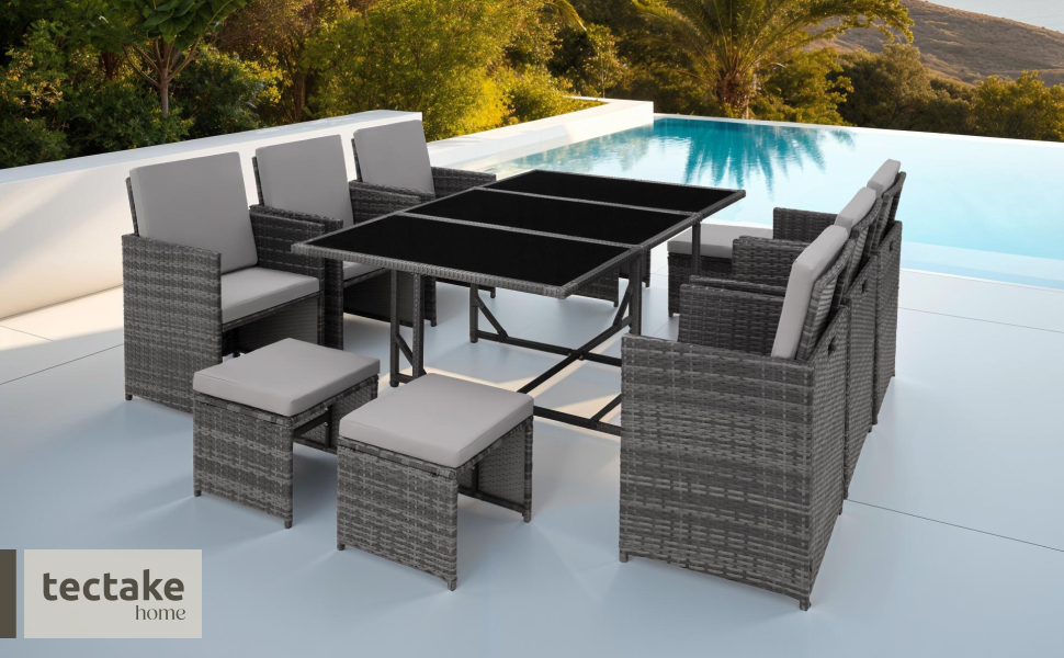 Le texte indique « tectake ». Ensemble de mobilier de jardin comprenant un canapé sectionnel gris de style rotin avec coussins et une table en verre, présenté dans plusieurs configurations au bord de la piscine.