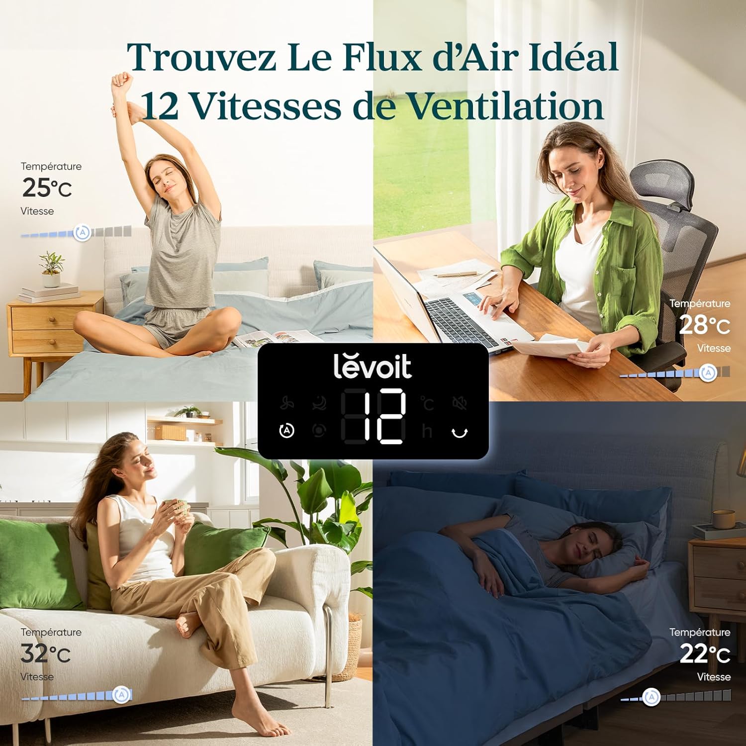 Levoit Ventilateur Colonne Silencieux 20 dB, 12 Vitesses, 4 Modes, Puissance 7,9 m/s, Minuterie 1-12 h, Télécommande & LED, Oscillation 90°, Mode Nuit pour Chambre, 92 cm, Gris