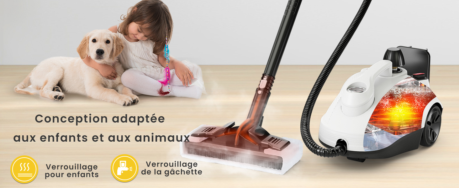 avec tête de nettoyage illuminée, illustré aux côtés d'un enfant et d'un chien. Comprend un verrou de sécurité pour enfants et un verrou de buse. Le texte indique un design adapté aux enfants et aux animaux.