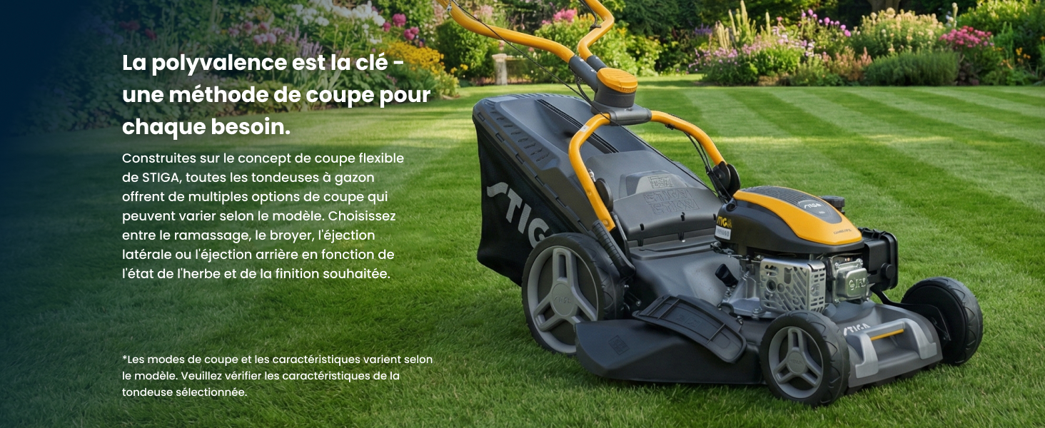 Image de paysage large montrant une tondeuse à gazon électrique sur l'herbe avec un texte superposé décrivant les caractéristiques du produit. Tondeuse bleu foncé avec des accents jaunes visibles.